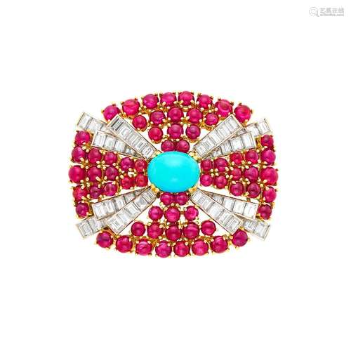 Two-Color Gold, Turquoise, Cabochon Ruby, and Diamond Brooch