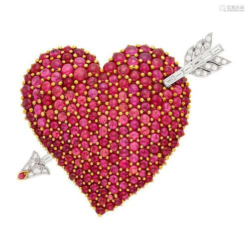 Two-Color Gold, Cabochon Ruby and Diamond Heart and Arrow Cl...