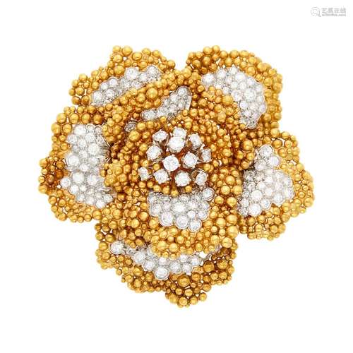 David Webb Gold, Platinum and Diamond Flower Clip-Brooch