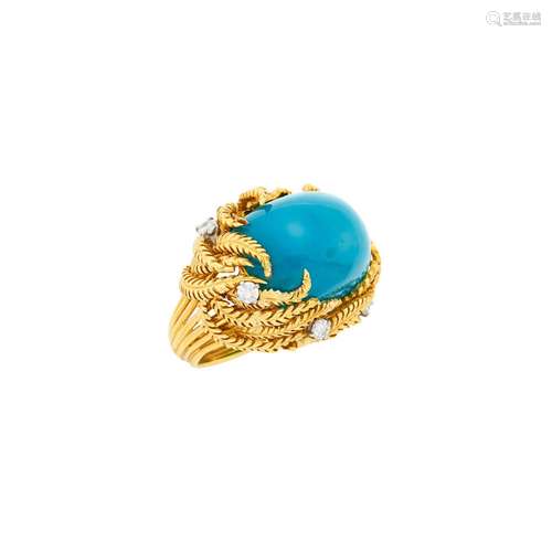 David Webb Gold, Platinum, Chrysocolla and Diamond Ring