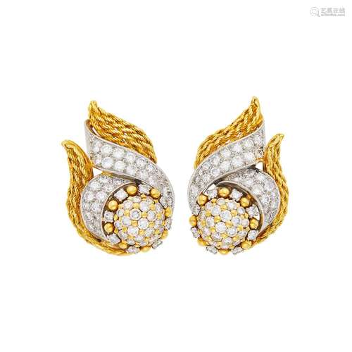 Jacques Lacloche Jr. Pair of Gold, Platinum and Diamond Earc...