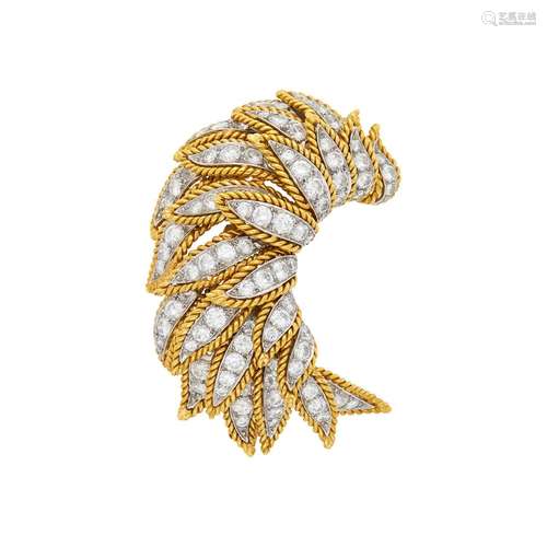 Gold, Platinum and Diamond Crescent Clip-Brooch