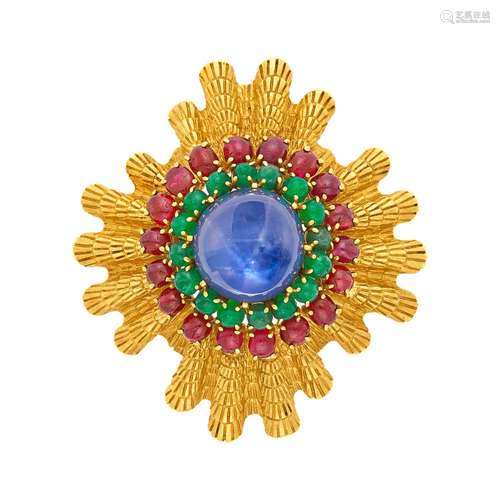 David Webb Gold, Star Sapphire, Cabochon Ruby and Emerald Ma...