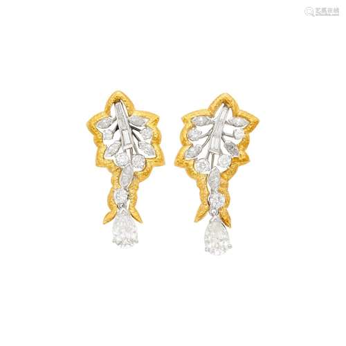 Pair of Gold, Platinum and Diamond Pendant-Earrings