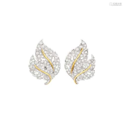 Mario Buccellati Pair of Two-Color Gold and Diamond Leaf Ear...