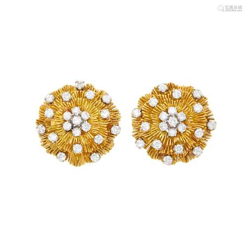 Hammerman Brothers Pair of Gold and Diamond Flower Earclips