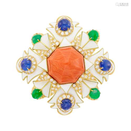 David Webb Gold, White Enamel, Coral, Cabochon Emerald and S...