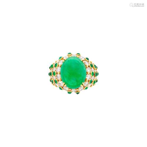 Gold, Cabochon Emerald and Diamond Ring