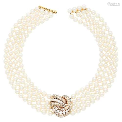 Van Cleef & Arpels Four Strand Cultured Pearl, Gold and ...