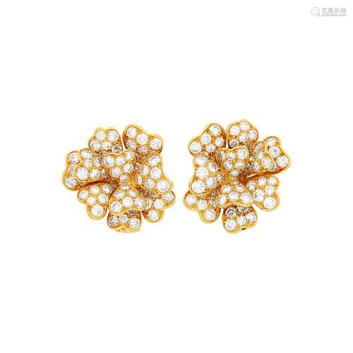 Van Cleef & Arpels Pair of Gold and Diamond Flower Earcl...