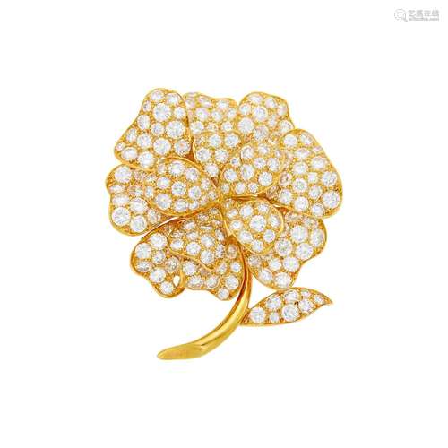 Van Cleef & Arpels Gold and Diamond Flower Clip-Brooch