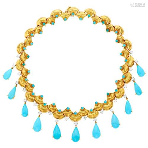 Gold, Platinum, Turquoise and Diamond Fringe Necklace