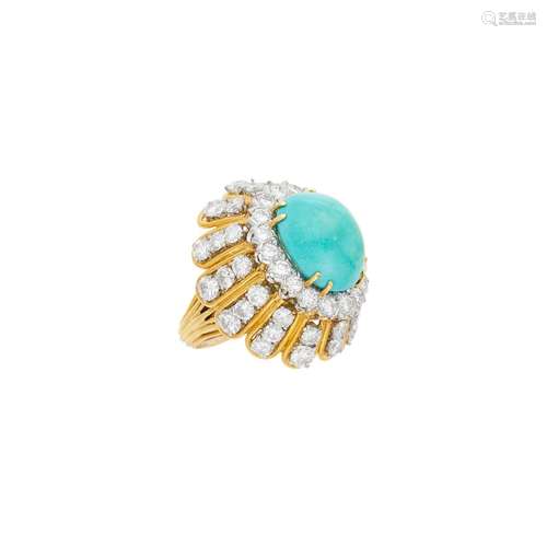 David Webb Gold, Platinum, Turquoise and Diamond Ring