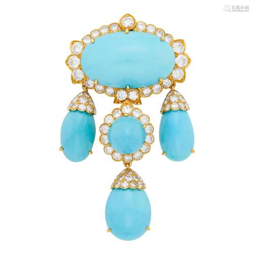 David Webb Gold, Turquoise and Diamond Clip-Brooch