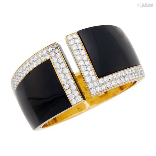 Two-Color Gold, Black Onyx and Diamond Cuff Bangle Bracelet