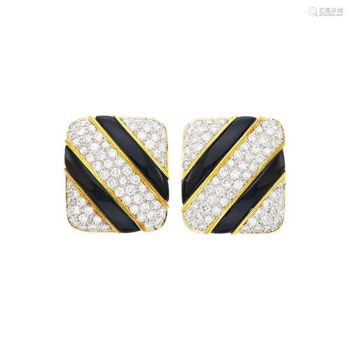 Pair of Two-Color Gold, Black Onyx and Diamond Earclips