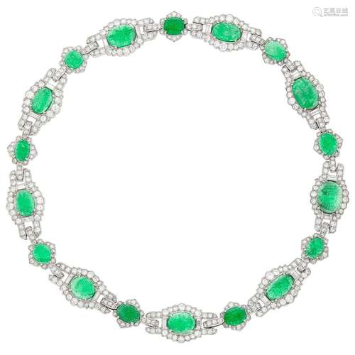 Chaumet Platinum, Carved Emerald and Diamond Necklace/Pair o...