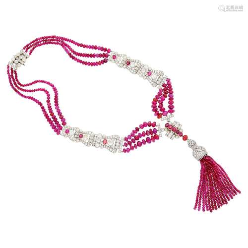 Tiffany & Co. Triple Strand Ruby Bead, White Gold, Plati...