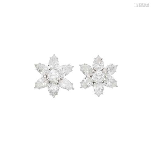 Pair of Platinum and Diamond Flower Earclips