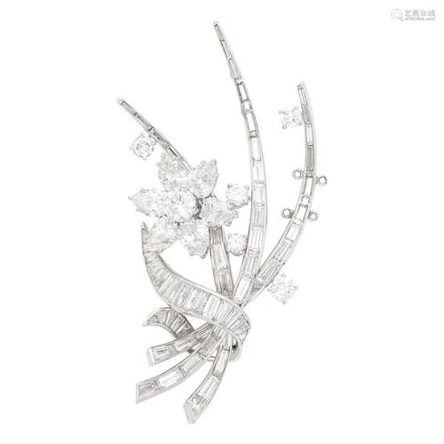 Platinum and Diamond Flower Clip-Brooch