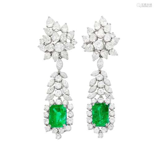 Pair of Platinum, Diamond and Emerald Pendant-Earrings