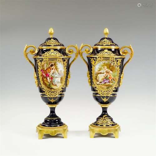 PAIR OF 19TH C. FRENCH SEVRES PORCELAIN & BRONZE VASES