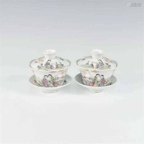 CHINESE REPULICAN PAIR OF FAMILLE ROSE LIDDED TEACUPS WITH S...