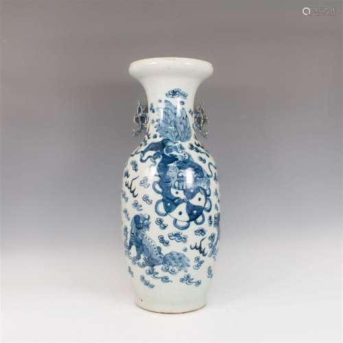 CHINESE BLUE AND WHITE LION PORCELAIN VASE WITH DECORATIVE H...