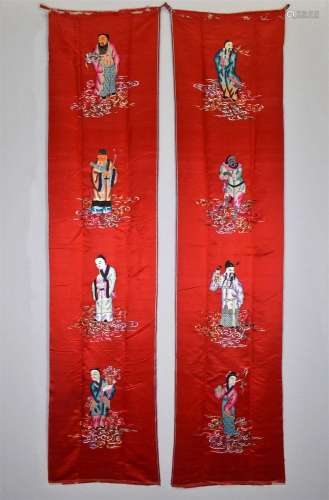PAIR OF CHINESE SILK EMBROIDERY OF THE EIGHT IMMORTALS