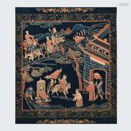 CHINESE ANTIQUES FOLK BROCADE WITH CHARACTERS STORY