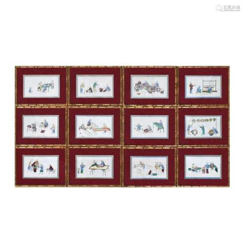 SET OF 12 FRAMED CHINESE RICE PAPER PAINTING