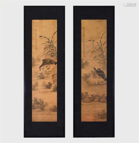 CHINESE ANTIQUES FRAMED PAIR OF FLORAL BIRD CALIGRAPHY PAINT...