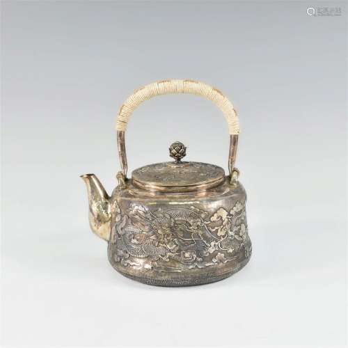 JAPANESE GILT SILVER AND CARVED 'DRAGON' TEAPOT WITH LIFTING...