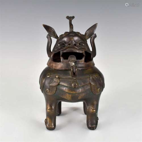 CHINESE QING MYSTICAL CREATURE BRONZE INCENSE BURNER WITH LI...