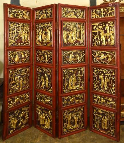 19TH C. CHINESE FOUR-PIECE ROOM DIVIDER, SCULPTURED SOFTWOOD...