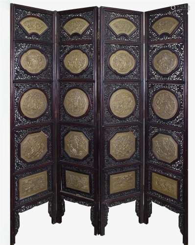 CHINESE ROSEWOOD ROOM DIVIDER SCREEN INLAD BRONZE