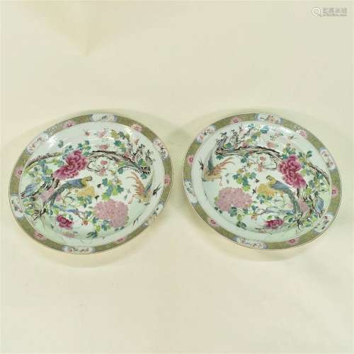 CHINESE PAIR LARGE PORCELAIN FLORAL BIRD PLATE