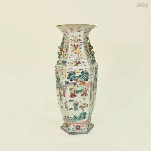CHINESE FAMILLE ROSE HEXAGONAL VASE (TWO CHIPPED)
