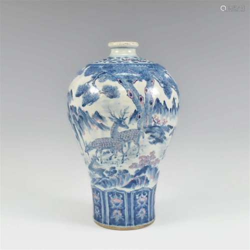 BLUE AND WHITE DESIGN WITH RED ACCENTS MEIPING VASE.