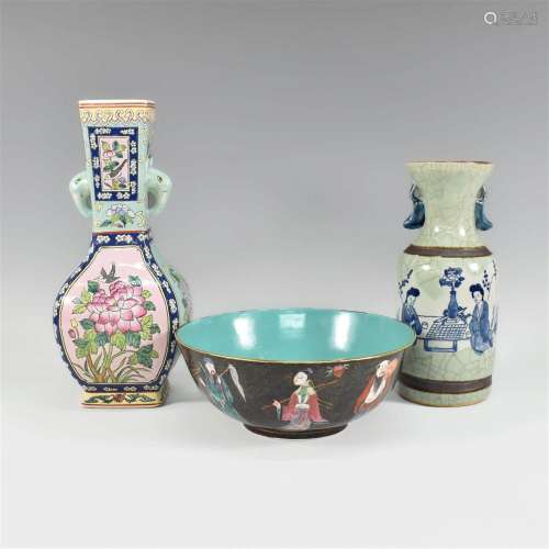 CHINESE 2 VASES & A BOWL