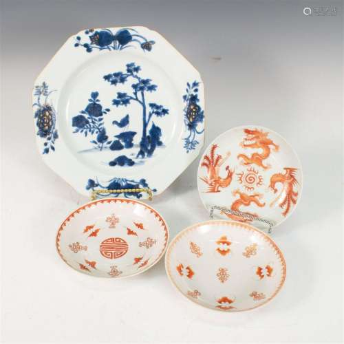 CHINESE BLUE AND WHITE OCTGONAL PLATE, RED DRAGON PLATE, PAI...