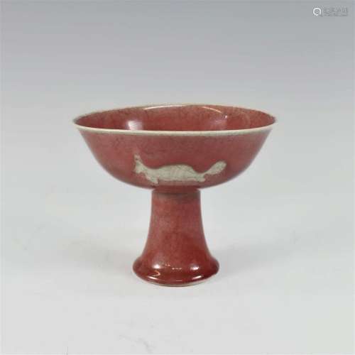 CHINESE MING XUANDE RED GLAZED STEM BOWL