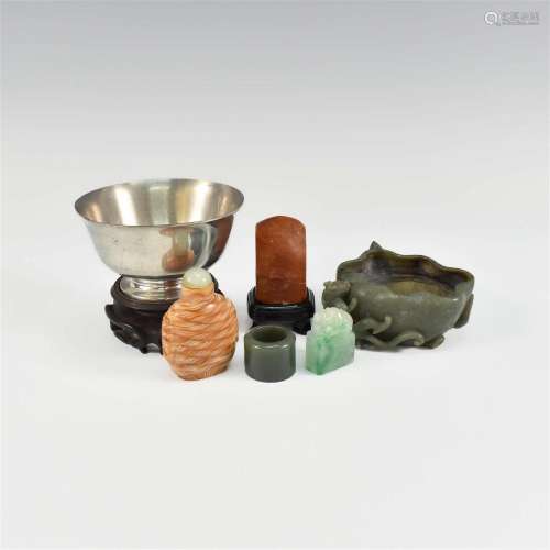 JADE WASH, JADE STAMP, METAL BOWL WITH STAND, SNUFF BOTTLE 6...