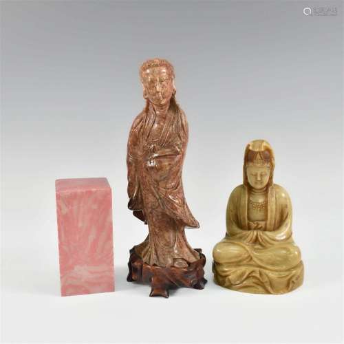 CHINESE TWO SOAPSTONE GUANYIN & CHICKEN BLOOD STONE SEAL