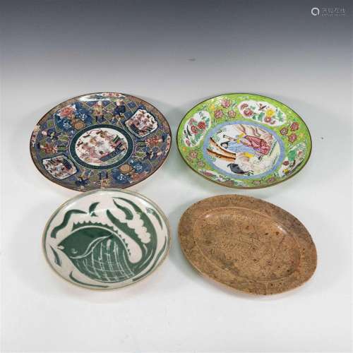 CHINESE SOAPSTONE PLATE, TWO PORCELAIN PLATES AND AN ASSORTE...