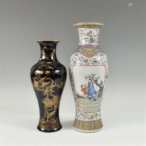 CHINESE FAMILLE ROSE VASE & BLACK AND GOLD DECORATED VAS...