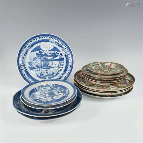 CHINESE SET OF 9 FAMILLE ROSE PLATES & SET OF 5 BLUE AND...