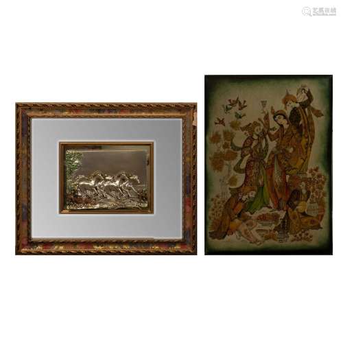 INDIAN LEATHER PAINTING, ITALIAN MIRROR WITH HORSE 2 PIECES