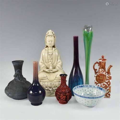 CHINESE PORCELAIN GUANYIN & ASSORTED ITEMS 9 PIECES