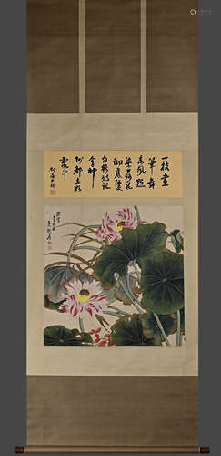 張大千精品（荷花圖）老紙綾裱立軸；劉海粟提拔鑒賞書法